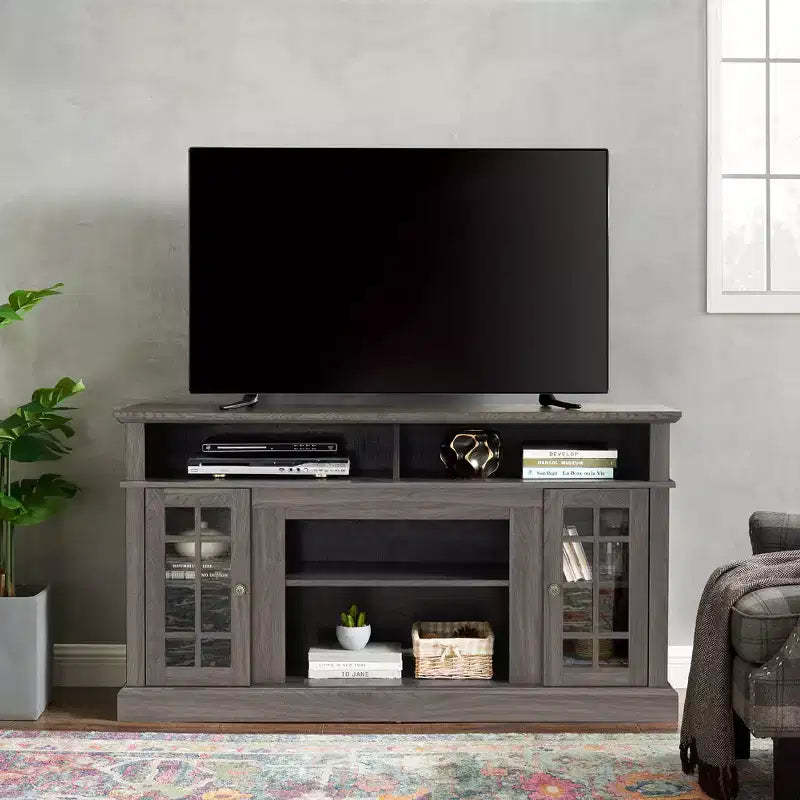 Tv Stand Modern Media Entertainment Center Console Table,with Closed Cabinets,Glass Door & Open Storage Shelves,for Living Room