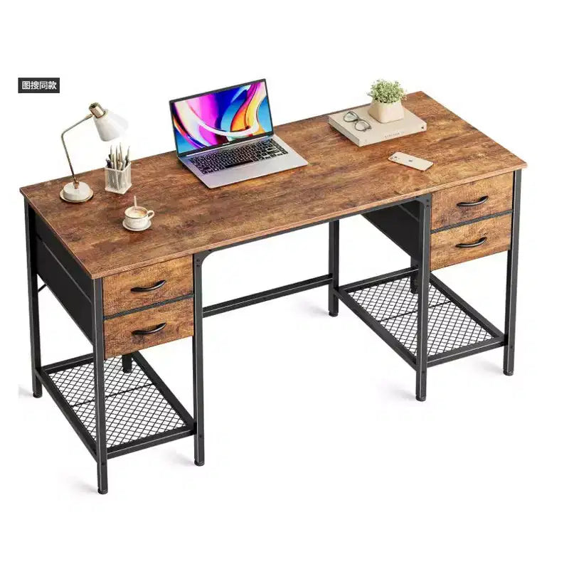 TUYOHW 47/55 Computer Desk with 4 Fabric Drawers & Dual Mesh Shelves,Writing Desk for Home Office Work Studying Room,Gaming Room,Brown