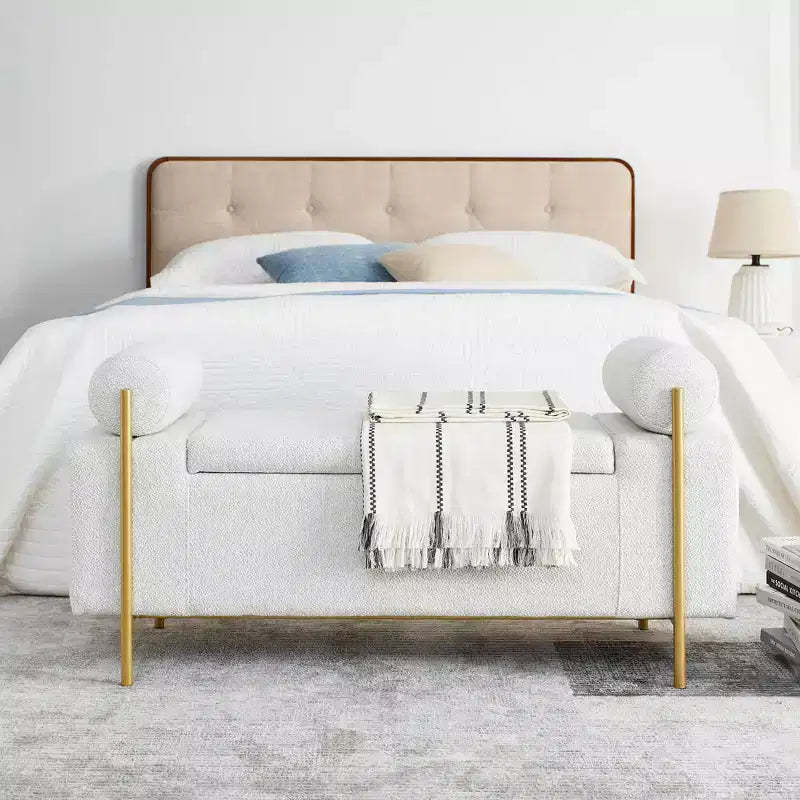 MAYEERTY Elegant Upholstered Line Storage Bench with Cylindrical Arms and Iron Legs for Hallway Living Room Bedroom White