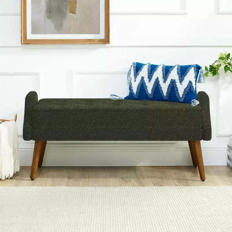 MAYEERTY Modern Living Room Bench Looped Yarn Fabric with Soft Cunshion Irregular Geometric Armrests Rubber Wooden Legs Green