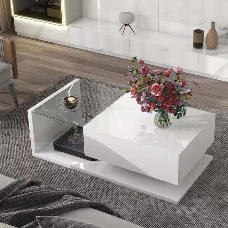 Modern Coffee Table with Drawer,Square Accent Center Sofa Table, Wooden Cocktail Tea Table with Storage Shelves for Living Room, Office