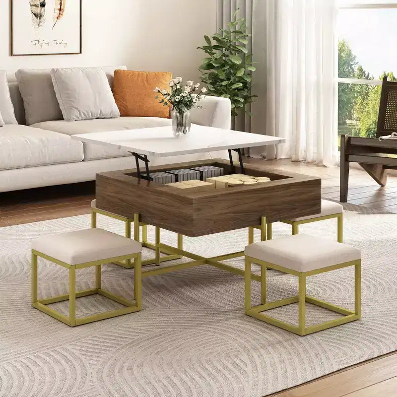 Lift Top Coffee Table with 4 Stools, Multifunctional Folding Dining Table with Hidden Storage for Small Spaces