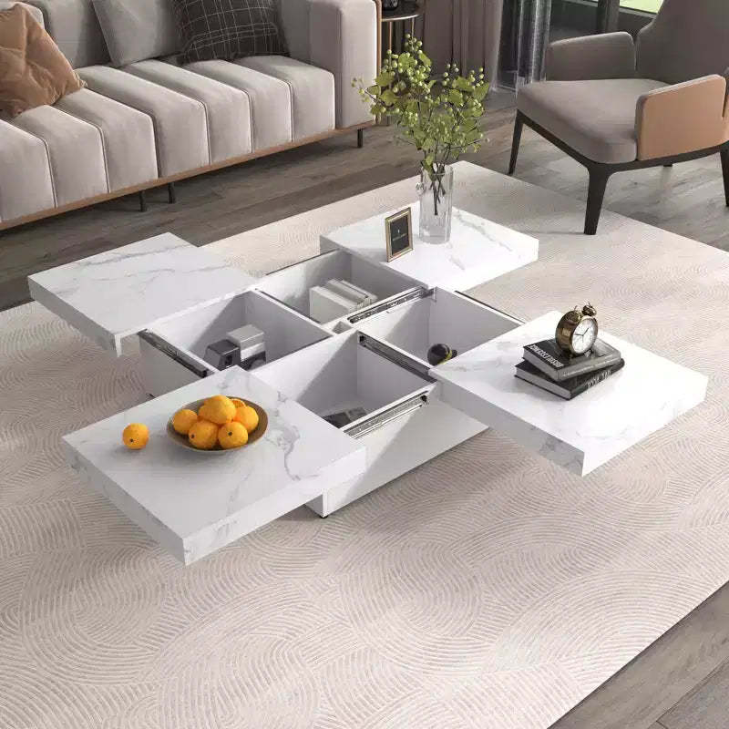 Modern 2-Layer Coffee Table with Casters, Square Cocktail Table with Removable TrayUV High-Gloss Marble Design Center Table for Living Room