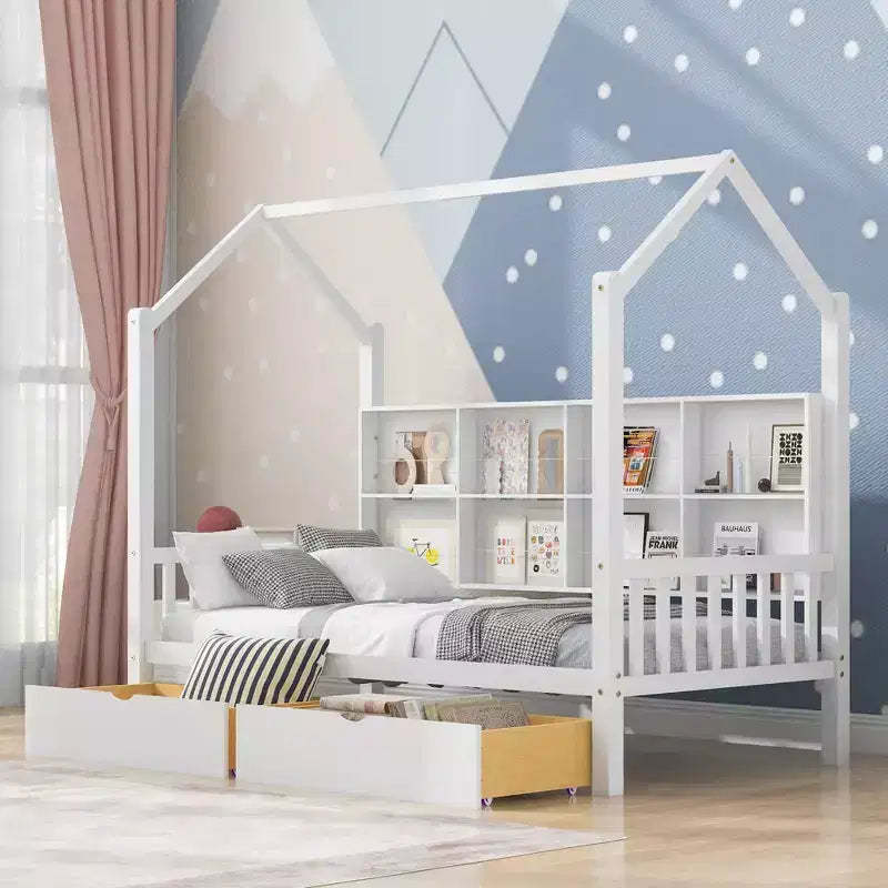 Twin Size House Bed,with Trundle and Storage Shelf,Kids Bed with Roof Design,Multifunctional Sky Roof House Bed Frame,No Box Spring Required