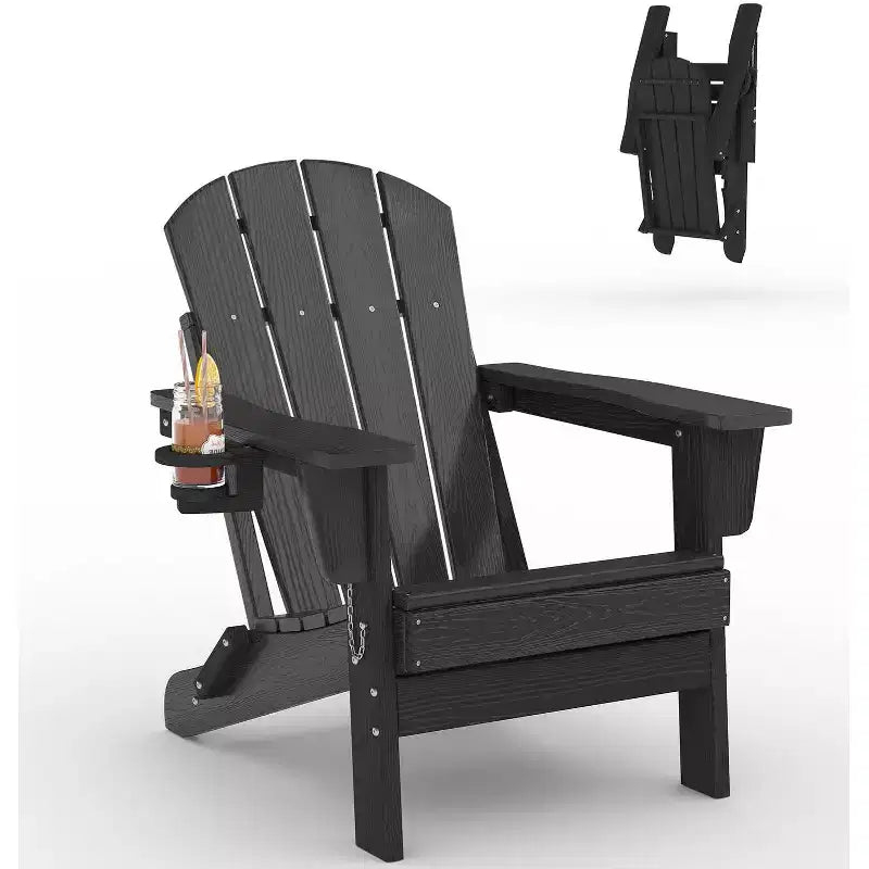 Folding Adirondack Chairs, All-Weather HDPE Outdoor Chairs with Cup Holders & Wood Texture for Patio, Fire Pit & Garden