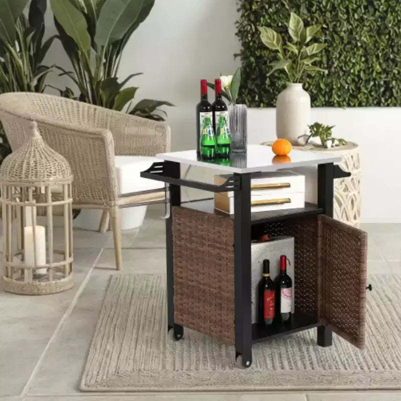 Wicker Outdoor Bar Cart with Stainless Steel Top, Storage Cabinet & Wheels, Patio Serving Prep Table for Garden Poolside
