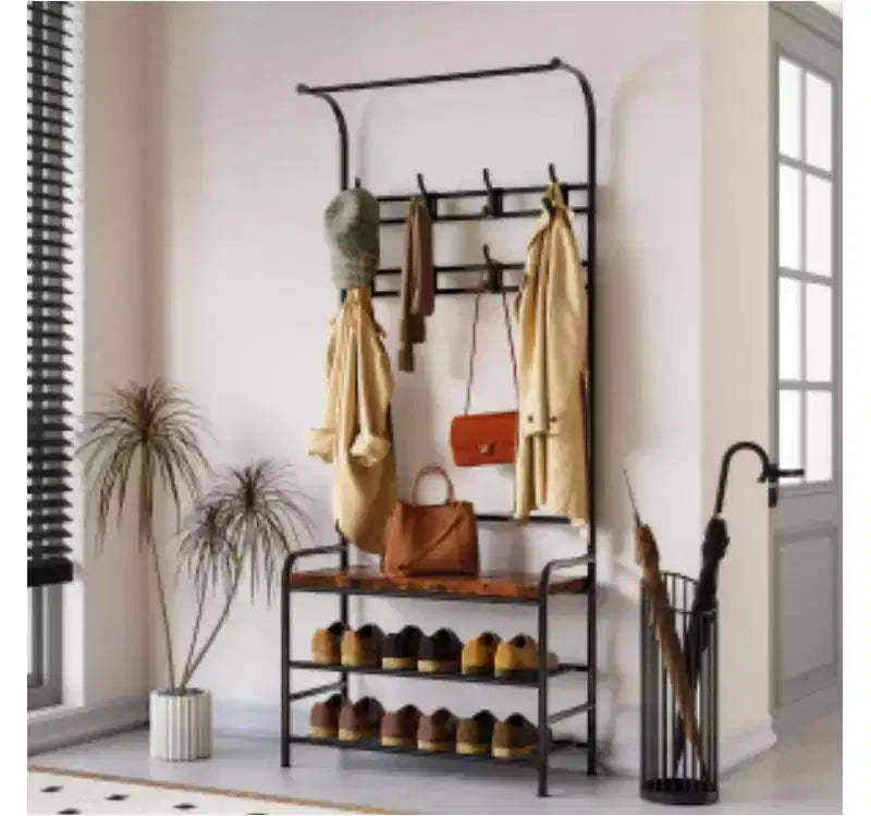 ?Hall Tree with Shoe Bench, Metal + Particle Board,