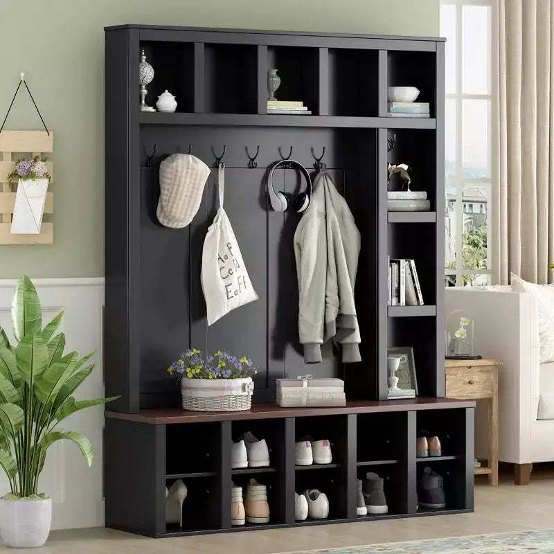Coat Rack, Practical Walnut Storage Stool, 4-in-1 Entryway Shoe Cabinet with 13 Storage Compartments, Suitable for Foyer