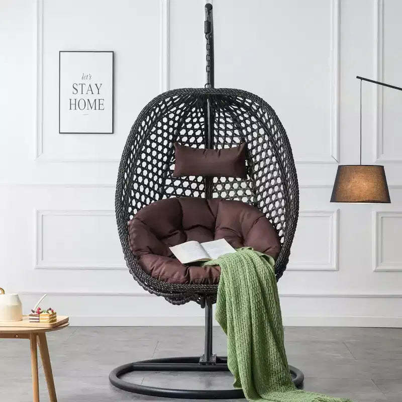 Swinging Chair Hammock Egg Chair Patio Wicker Swing Egg Hanging Chair With Stand, 350lbs Maximum Weight Capacity, Black