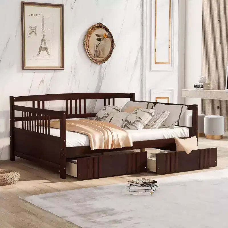 Full Size Sofa Bed - Convertible Wood Bed Frame with 2 Storage Drawers for Guest Room and Small Space
