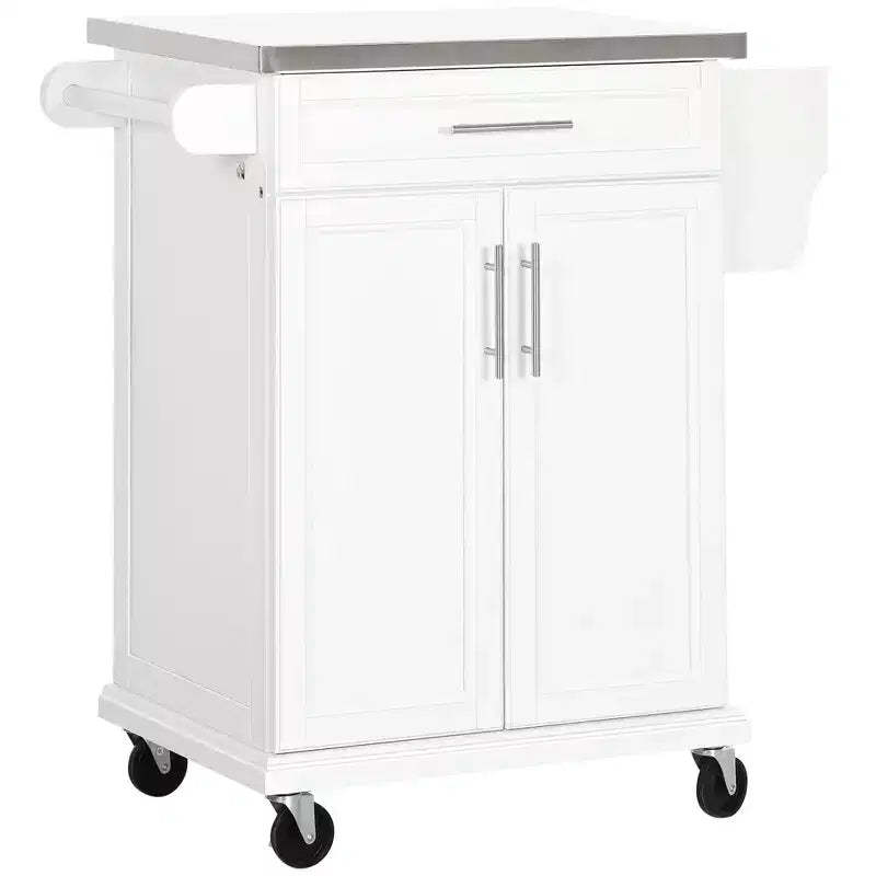 FAMYYT White Stainless Steel Top 33 in. Kitchen Island Cart with Utility Storage, Drawers, Spice Rack, Towel Rack, and 4 Wheels