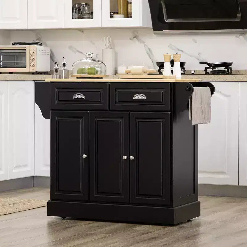 FAMYYT Black Smooth Rubber Wood Top 17.8 in. Kitchen Island Cart with 3 Door Cabinet and 2 Drawers