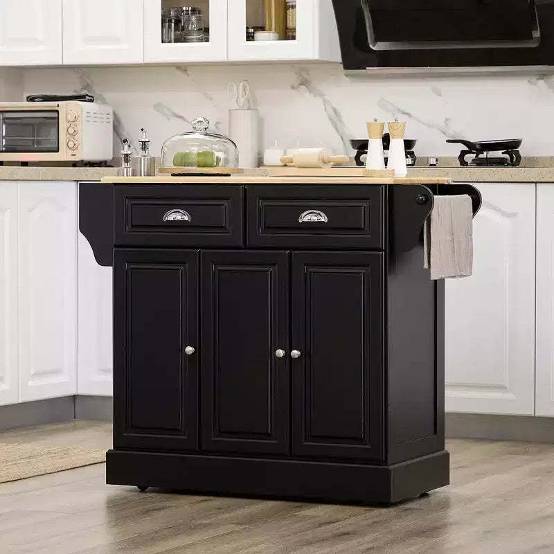FAMYYT Black Smooth Rubber Wood Top 17.8 in. Kitchen Island Cart with 3 Door Cabinet and 2 Drawers
