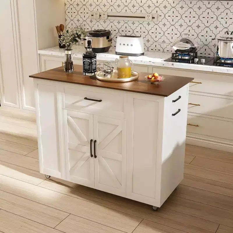 FAMYYT White Solid Wood 46 in. Kitchen Island with Power Outlets/USB Ports, Trash Bin Cabinet, Door Racks and Drawers