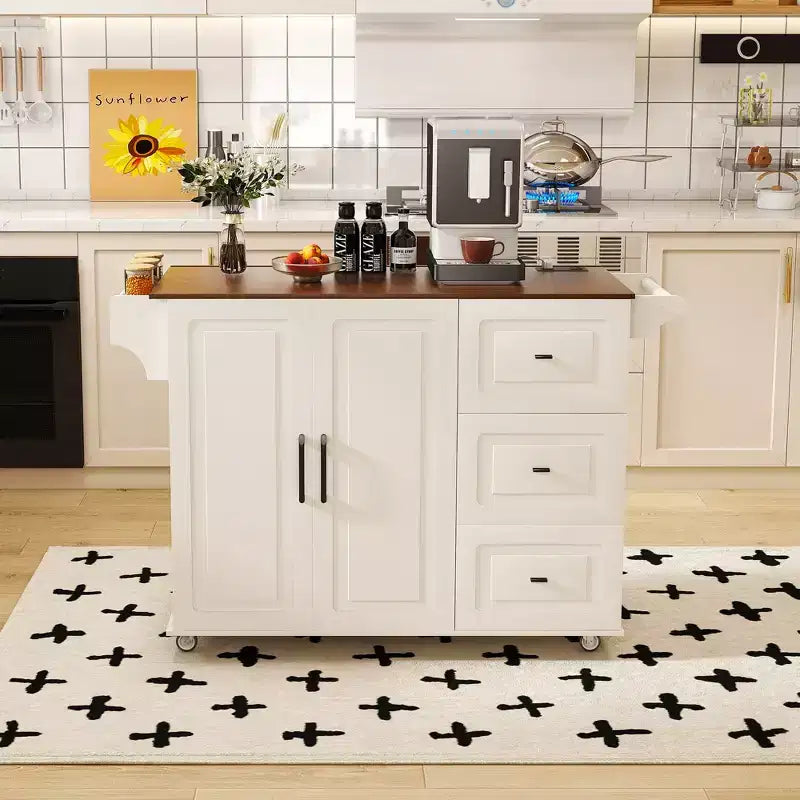FAMYYT White Solid Wood 54 in. Kitchen Island with Foldable Tabletop, Power Outlets/USB Ports, Door Racks and Drawers
