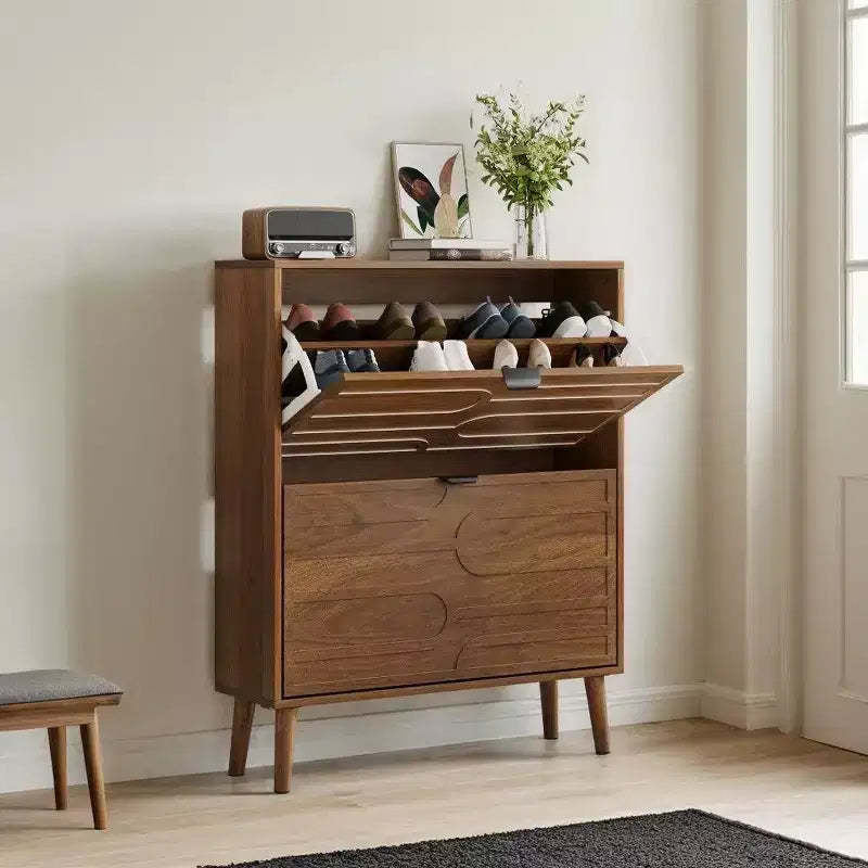 TUYOHW Walnut Shoe Storage Cabinet,Farmhouse Modern Flip-Drawer Shoe Rack with Adjustable Shelves & Anti-Tip Device,31.5/23.62