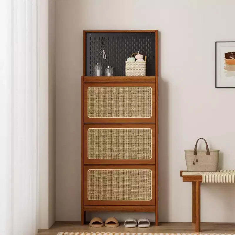 TUYOHW Walnut Rattan Shoe Cabinet with 3 Flip Drawers & Pegboard, 65 Tall Narrow Entryway Storage with Anti-Tip Design