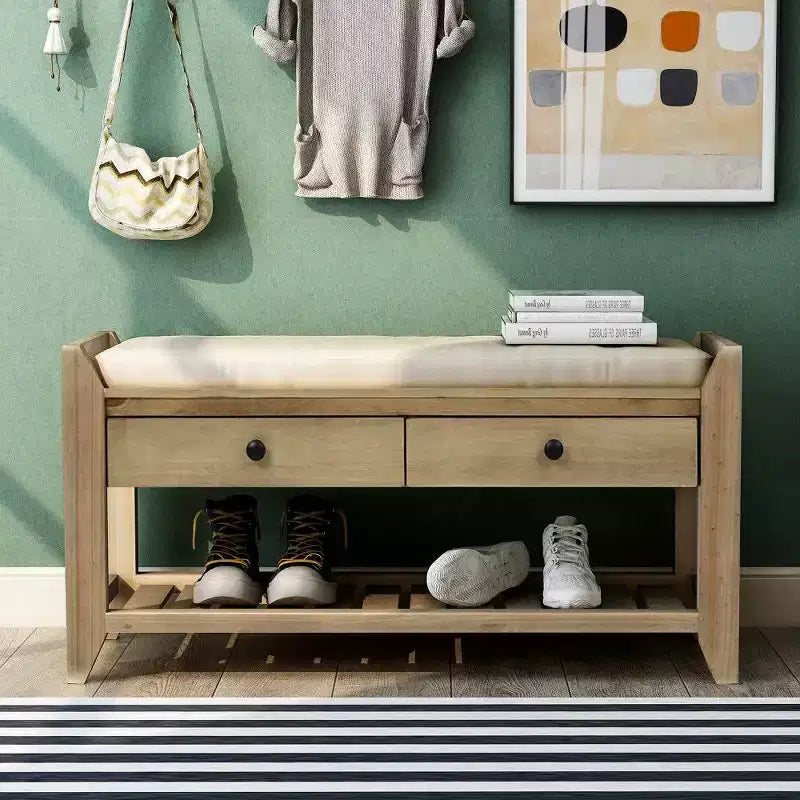 TUYOHW Solid Wood Shoe Storage Bench with 2 Drawers & Cushion,Multipurpose Entryway Organizer with Grid Rack Base,Gray Wash