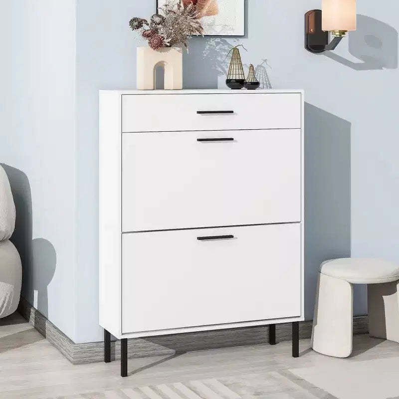TUYOHW Shoe Cabinet with 2 Flip Drawers, Freestanding Entryway Storage Organizer with Metal Legs & Top Drawer,White