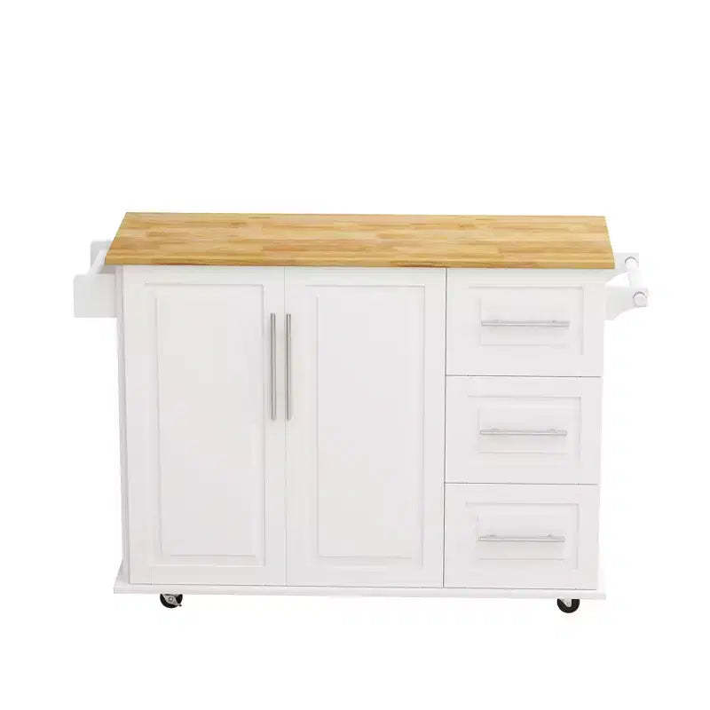 FAMYYT White Solid Wood Table Top 16.93 in. Kitchen Island Cart with 2 Door Cabinet and 3 Drawers Spice Rack Towel Rack