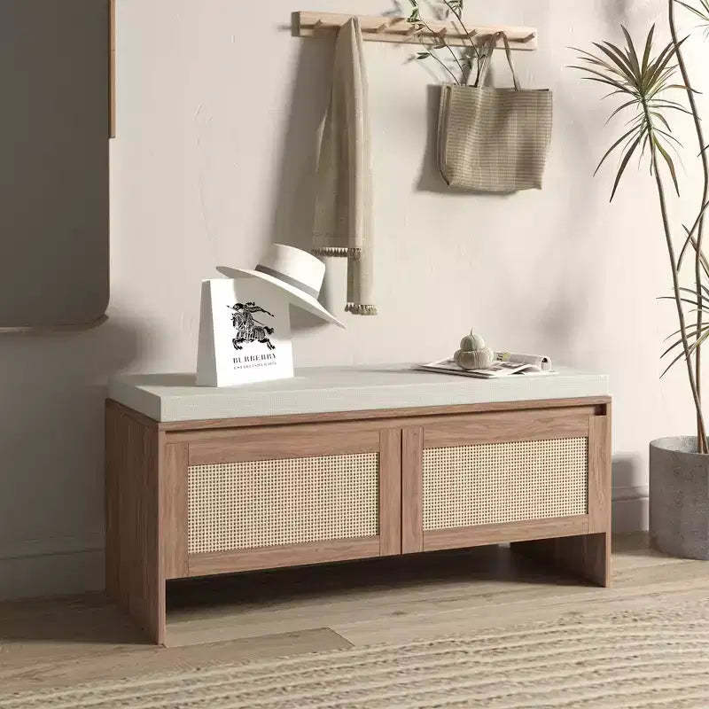 TUYOHW Entryway Shoe Storage Bench with Faux Rattan Doors,Wood Entryway Seat with Cushion,Dust-Proof Shoe Cabine for Bedroom,Living Room,Brown