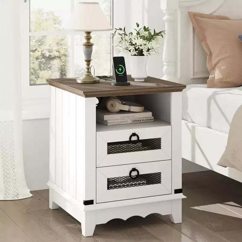 Farmhouse Nightstand with Drawers 18 inch Side Table with Charging Station Bedside Table with 2 Drawers Night Stand with 2 USB Ports End Table