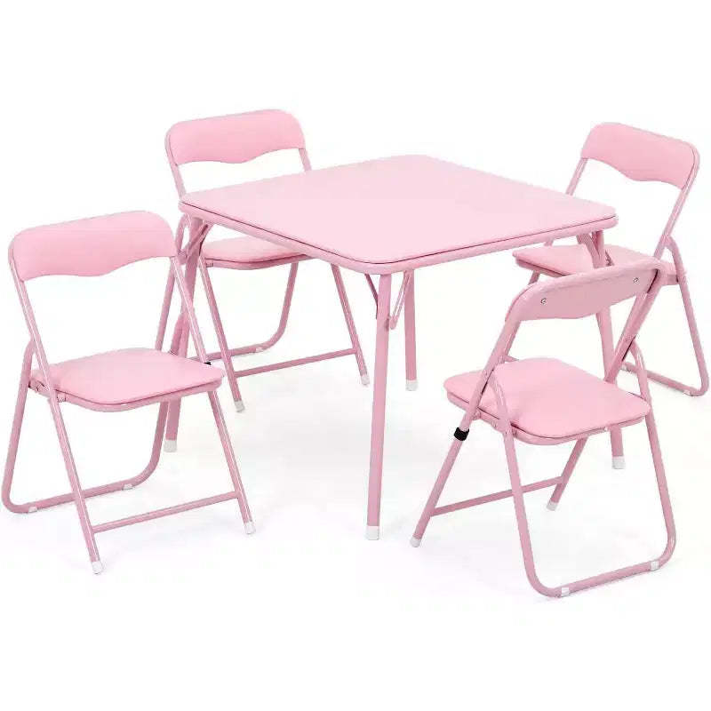 Acekool Metal Folding Card Table and 4 Chair Set, Pink Padded Folding Chairs with Cushion and Steel Frame, Square Foldable Table for Dining Room