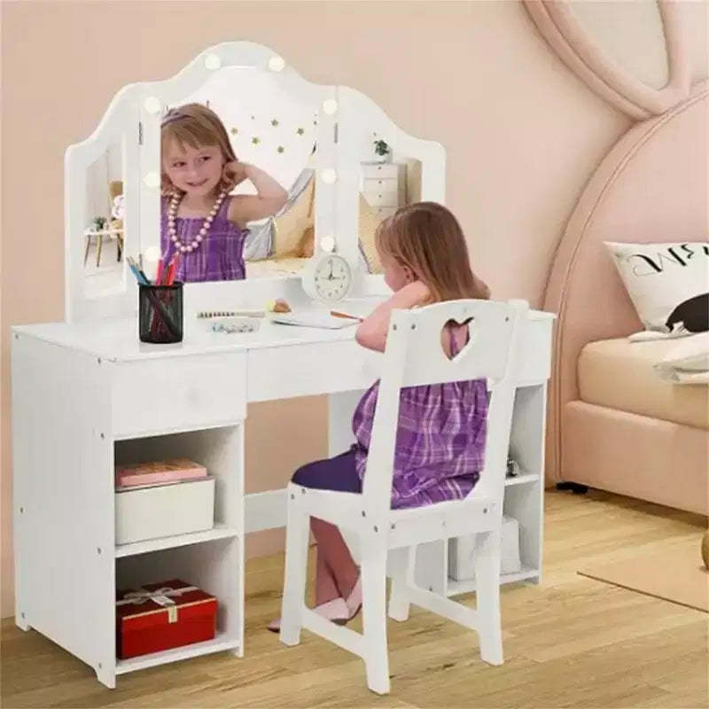 Acekool Kids Vanity Set with Detachable Tri-Folding Mirror, Storage Drawers & Shelves, Makeup Desk & Chair for Girls Bedroom