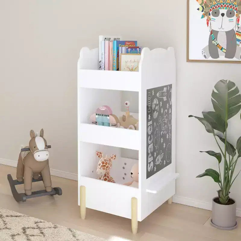 JVNOXK Kids Bookshelf with Chalkboard Side  Bear-Shaped Wooden Bookcase with 3-Tier Storage, Drawing Board for Toddlers, Toy and Book White
