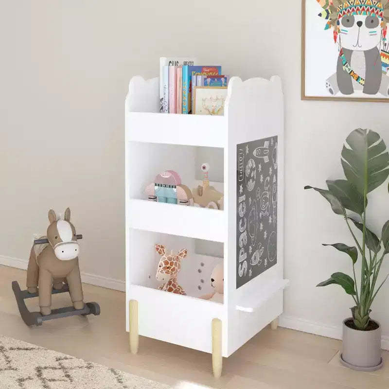 JVNOXK Kids Bookshelf with Chalkboard Side  Bear-Shaped Wooden Bookcase with 3-Tier Storage, Drawing Board for Toddlers, Toy and Book White