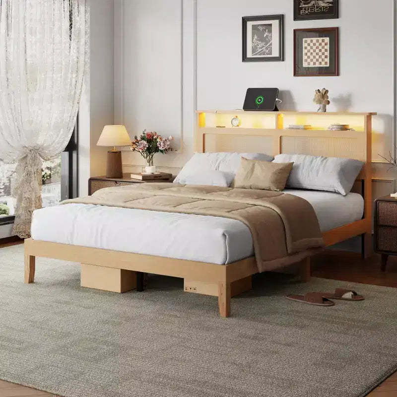 Boho Rattan Queen Bed Frame Natural Wood with LED Lights Charging Station Storage Headboard Platform Bed No Box Spring Modern Bedroom