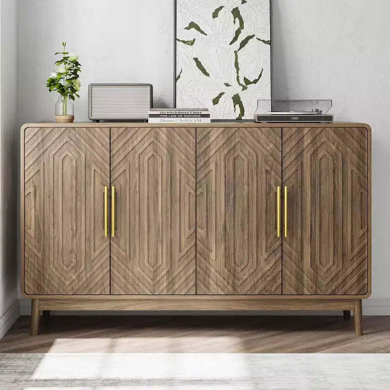 Mid-Century Modern Sideboard Buffet, 4-Door Engineered Wood Credenza with Carved Geometric Pattern & Gold Handles - Panipeachy