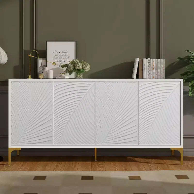 Modern 60 White Sideboard Buffet Cabinet, 4-Door Wood Credenza with 3D Carved Palm Texture & Gold Legs - Panipeachy