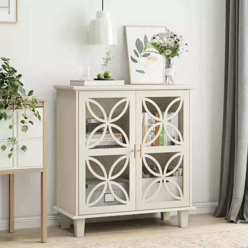 32 Cream Accent Cabinet with Glass Doors, Modern Retro Sideboard Buffet with Geometric Petal Design & Solid Wood Legs - Panipeachy