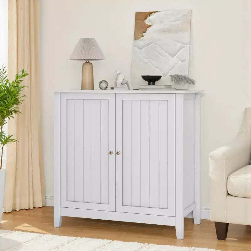 32 White Bathroom Storage Cabinet, Small Buffet Cabinet Freestanding Floor Cupboard with Adjustable Shelf - Panipeachy