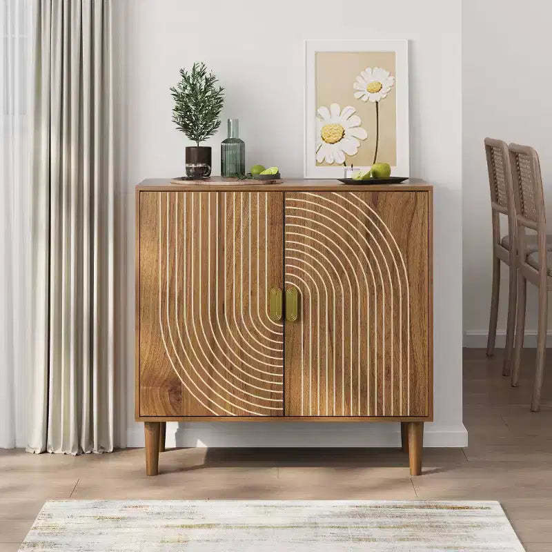 31 Mid-Century Modern Accent Storage Cabinet, Small 2-Door Sideboard with Geometric White Line Design, Solid Wood Legs - Panipeachy