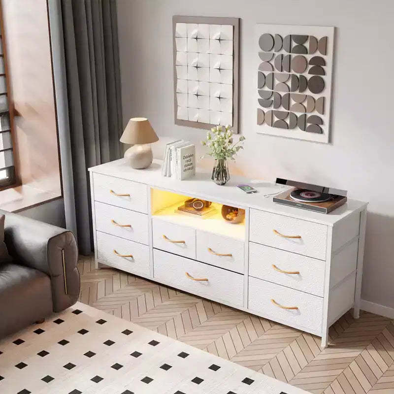 White 9 Drawer Dresser TV Stand for 65 Inch TV with Charging Station LED Lights Media Console 55 Inch Wide Bedroom Storage Chest Entertainment Unit