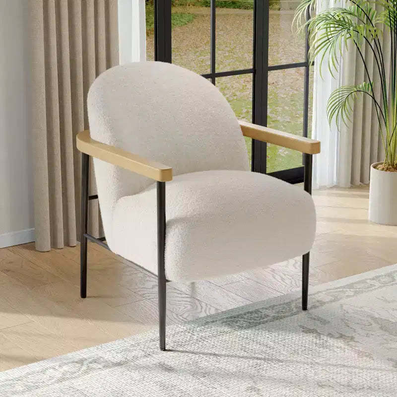 Modern Accent Chair with Teddy Fabric, Wood Arms and Adjustable Feet, Comfy Chair for Living Room, White