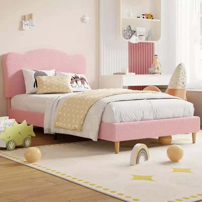 Upholstered Twin Bed Frame with Headboard, 77x39.4 in Toddler Bed for Kids Girls, Soft Padded Platform Bedframe, Sturdy Wooden Slats Support, Pink