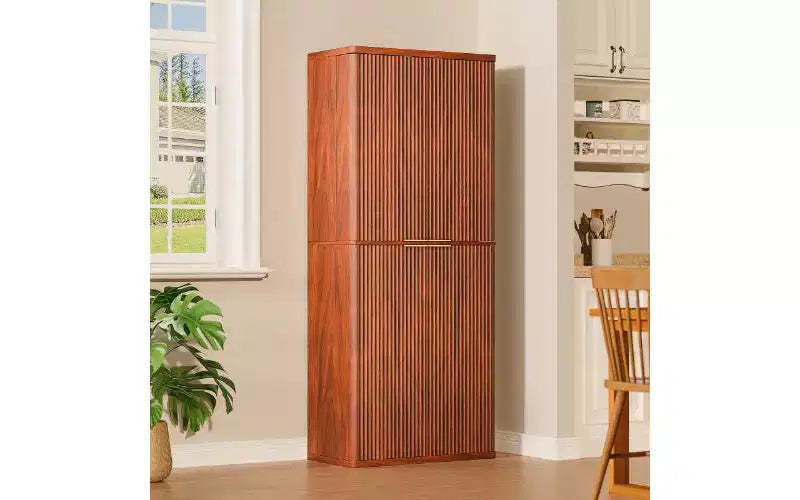TUYOHW Fluted Tall Pantry Cabinet, 6-Shelf Kitchen Storage Cabinet with Anti-Fall Device, Wooden Kitchen Cabinet, Versatile Cupboard for Kitchen