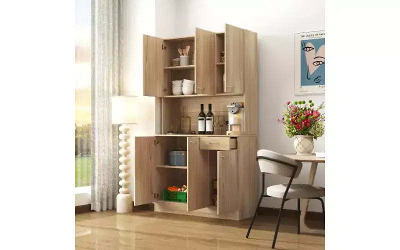 TUYOHW 6-Door Storage Cabinet, 70.87 Tall Wardrobe & Kitchen Cabinet with Drawer & Open Shelf, MDF Kitchen Pantry Cabinet & Bedroom Hutch