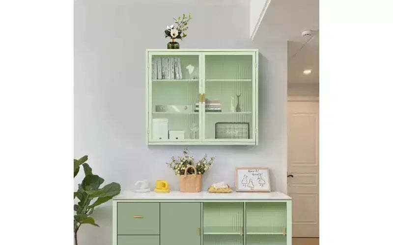 TUYOHW Modern Concise 3-Tier Sideboard Cabinet, Iron & Tempered Glass Storage Cabinet with 2 Doors, Wall Cabinet Pantry Cabinet for Home Organization