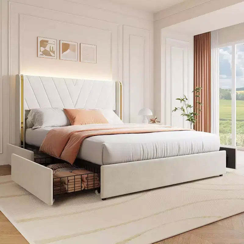 Queen Upholstered LED Bed Frame with Storage, Velvet Platform Bed with Wingback Headboard & 4 Drawers, No Box Spring Needed