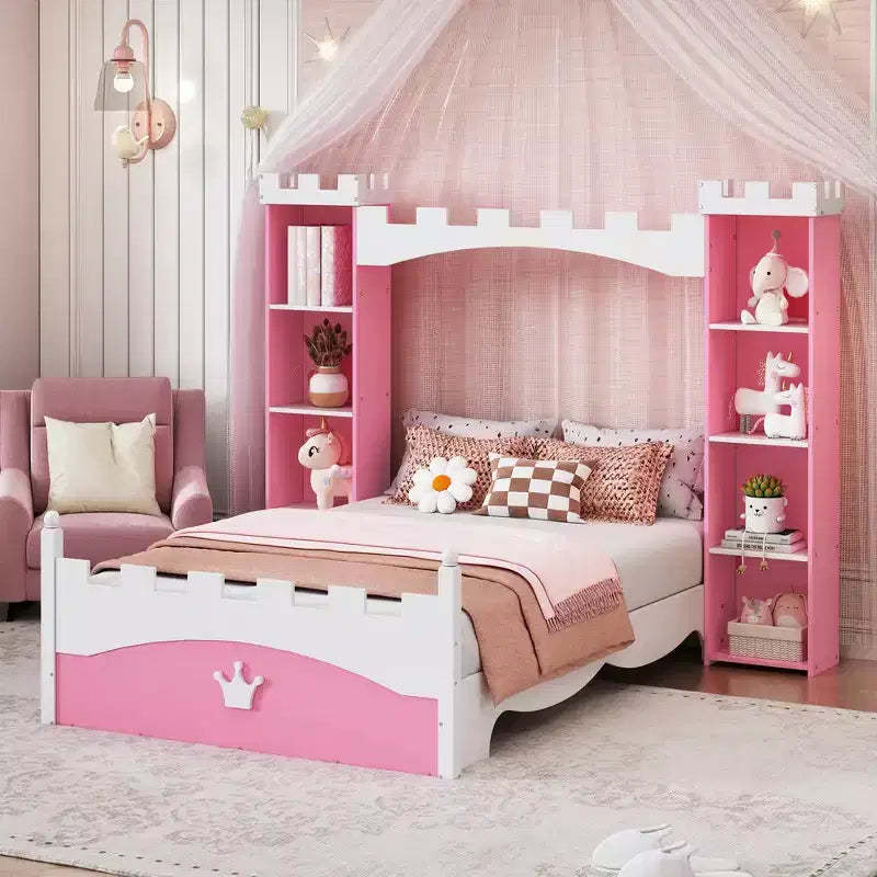 Whisen Twin Castle-Shaped Wooden Bed, Dreamy Platform Bed Frame with Storage Shelf for Kids Bedroom