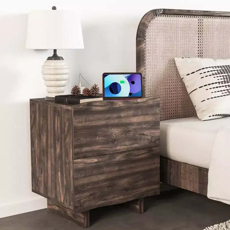 Bestier Wave Side Table with Drawer & Charging Station, AC Outlet, USB & Type-C Ports for Bedroom or Living Room