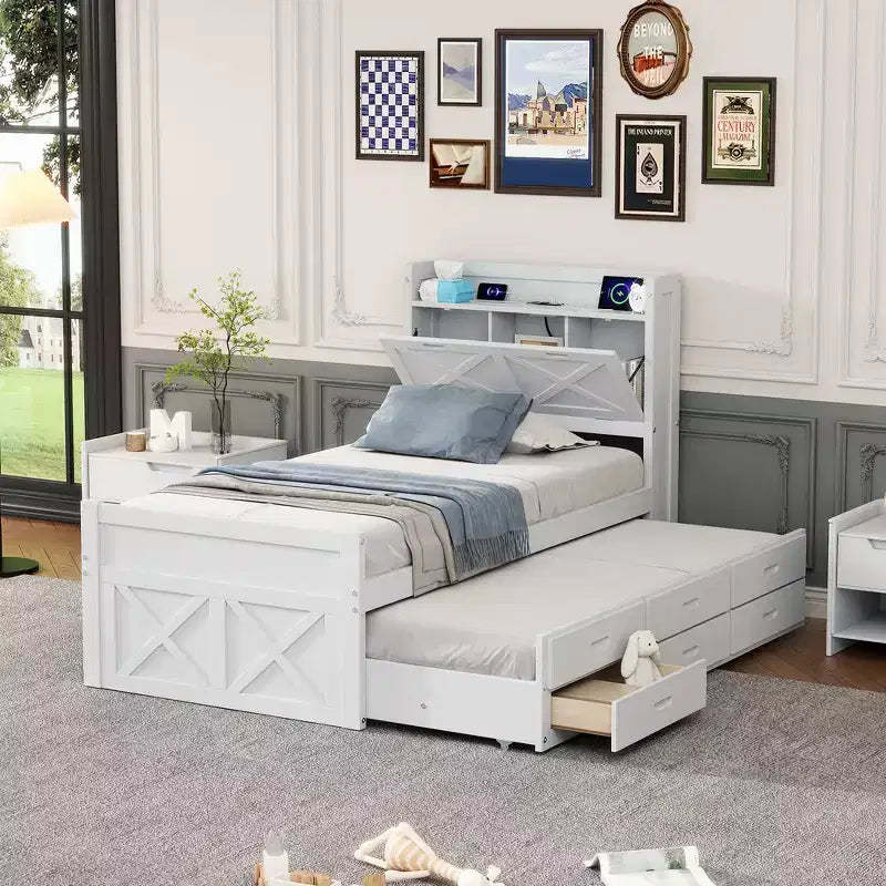 Whisen Twin Wooden Bed, Extendable Bed Frame with Twin Size Trundle, Storage Headboard, Three Drawers