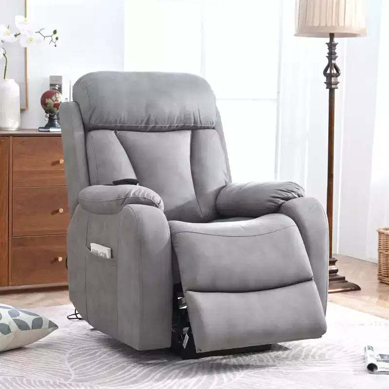Large Power Lift Recliner Chair, Grey Faux Leather Motorized Massage Recliner with Pillow & Side Pockets, for Elderly, Living Room