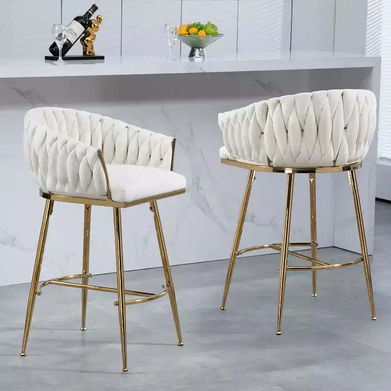 26 Inch Counter Height Bar Stool, Velvet Kitchen Island Stool with Wave Back, Gold Chrome Base and Footrest, Beige