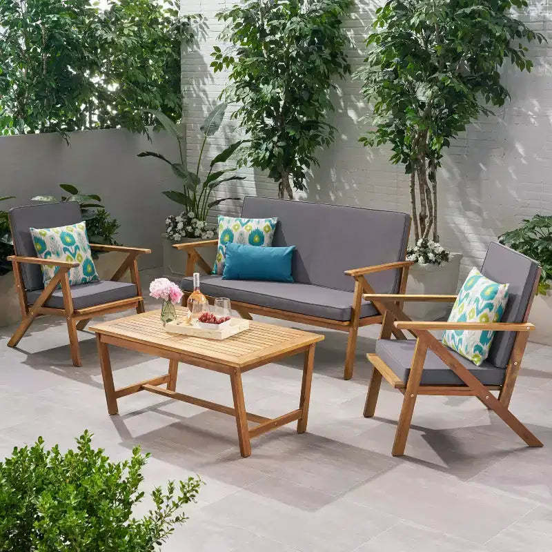 MAYEERTY 4-Piece Acacia Wood Patio Chat Set, Gray Water Resistant Cushions