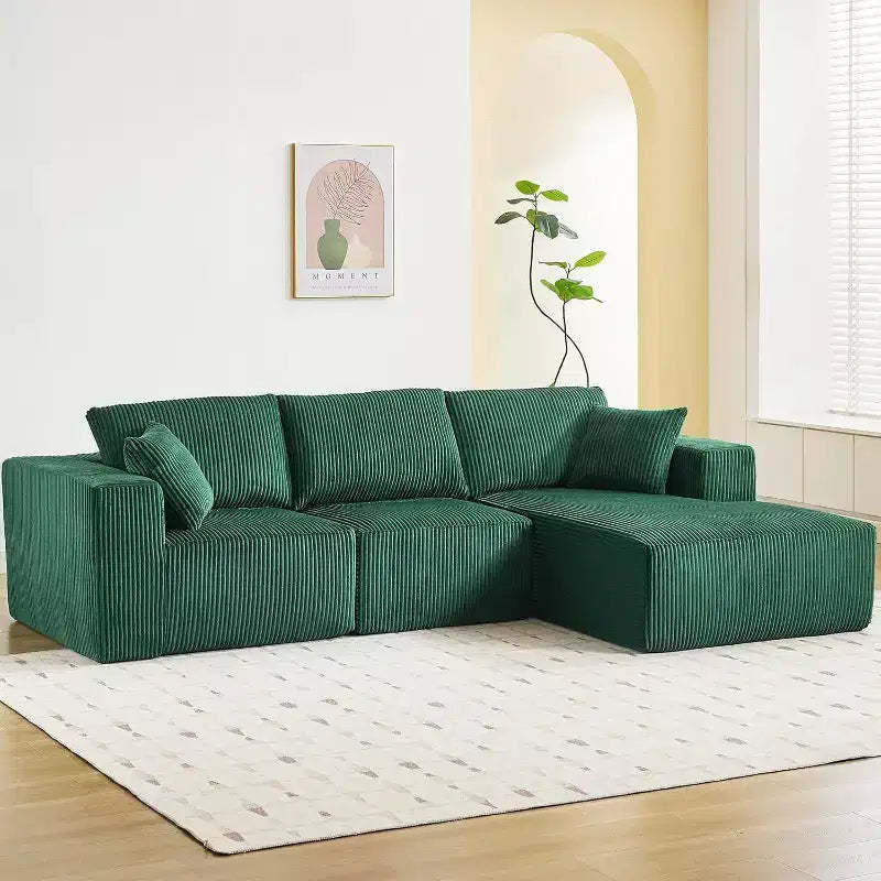 Acekool L Shape Sectional Couch, 108 Cloud Modular Sofa, Corduroy, Deep Seat, No Assembly, for Living Room, Emerald Green, Right-Facing